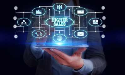 Conceptual hand writing showing Higher Sales. Concept meaning The average sold products and services of a company has grown Woman wear work suit presenting presentation smart device