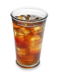 Glass of tasty iced tea on white background