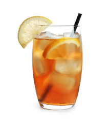 Glass of refreshing iced tea with lemon slices on white background