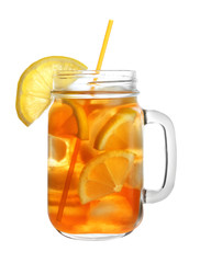Mason jar of refreshing iced tea with lemon slices on white background