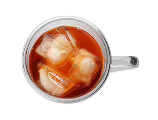 Cup of refreshing iced tea on white background, top view