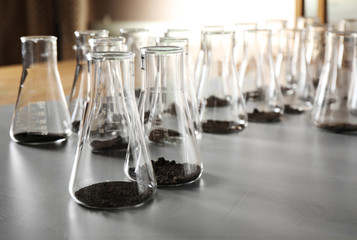 Glassware with soil samples on grey table. Laboratory research