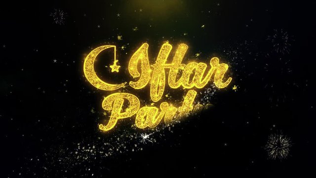 Iftar Party Text Wish on Gold Glitter Particles Spark Exploding Fireworks Display. Greeting card, Wishes, Celebration, Party, Invitation, Gift, Event, Message, Holiday, Festival 4K Loop Animation.