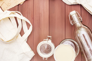 Assortment eco friendly packaging, zero waste, paper, glass and textile free recycled