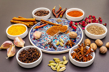 Ingredients for preparation oriental spice Ras el Hanout