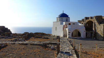 Picturesque church of Agios Georgios inside iconic castle of Astypalaia, Dodecanese, Greece