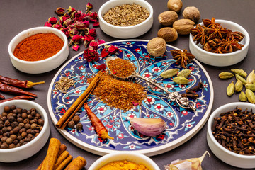 Ingredients for preparation oriental spice Ras el Hanout