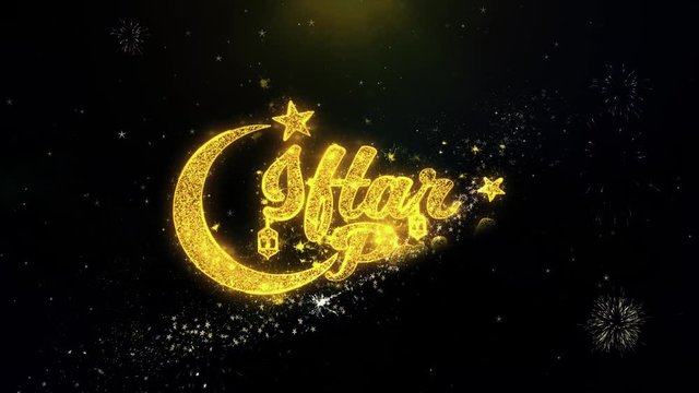 Iftar Party Text Wish on Gold Glitter Particles Spark Exploding Fireworks Display. Greeting card, Wishes, Celebration, Party, Invitation, Gift, Event, Message, Holiday, Festival 4K Loop Animation.