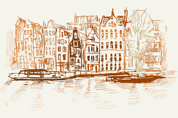 Ilustracja ręcznie wykonana. Przedstawia kamienice w Amsterdamie od stronu kanału - 290852960