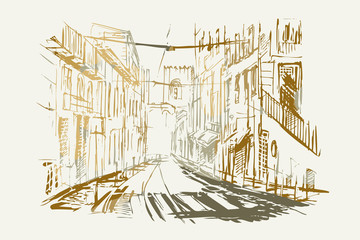 Ilustracja ręcznie wykonana. Przedstawia malowniczą ulicę w solicy Portugalii Lizbonie - obrazy, fototapety, plakaty