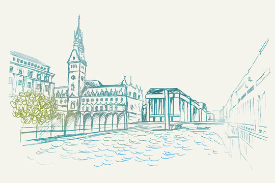 Ilustracja ręcznie wykonana. Przedstawia zabytkową dzielnicę w Hamburgu