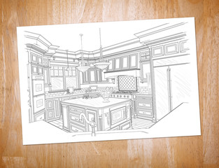 Custom Kitchen Drawing On Paper Resting on Wood Desk Top