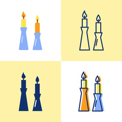Burning candles in candlestick icon set in flat and line style