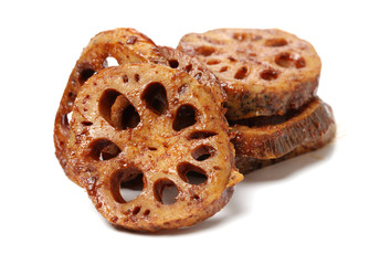 Braised lotus root , Chinese cuisine on white background