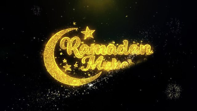Ramadan Mubarak Text Wish on Gold Glitter Particles Spark Exploding Fireworks Display. Greeting card, Wishes, Celebration, Party, Invitation, Gift, Event, Message, Holiday, Festival 4K Loop Animation.