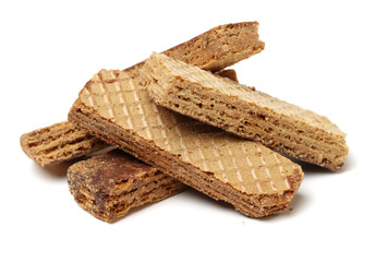 Crunchy chocolate wafers isolated on white background