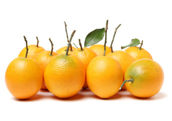 orange fruit with leaves on white background.