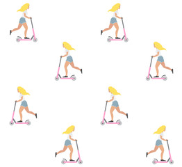 Fototapeta na wymiar Vector seamless pattern of flat cartoon girl riding a scooter isolated on white background