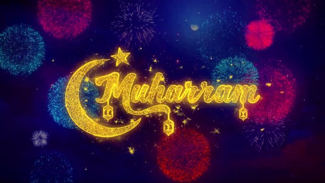 Muharram wish Text Colorful Firework Explosion Particles. Greeting card, Wishes, Celebration, Party, Invitation, Gift, Event, Message, Holiday Festival 4K Loop Animation
