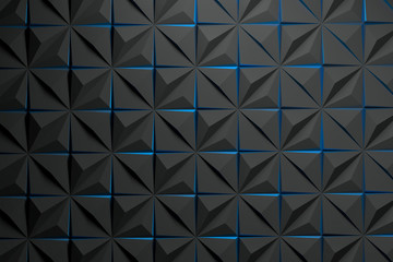Black 3d pattern with distorted squares made of pyramids with uplifted blue edges. Geometric clean polyhedron poly pattern. 3d illustration.