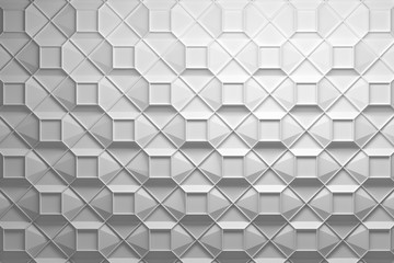 Repeating white 3d pattern with complex surface made of basic geometric shapes low poly squares triangles and wireframe on top. 3d illustration.