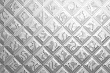 Clean elegant repeating white pattern made of squares rhombuses with unique wavy pattern of top of each. 3d illustration.