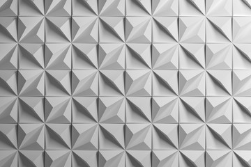 White 3d pattern with distorted squares made of pyramids with uplifted edges. Geometric clean polyhedron poly pattern. 3d illustration.