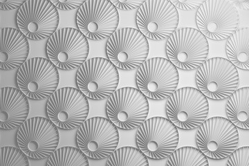 Gentle elegant white 3d repeating pattern with paper effect made of circle shapes flowers. 3d illustration. 
