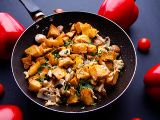 Fried meat in a frying pan closeup. Top view with copy space