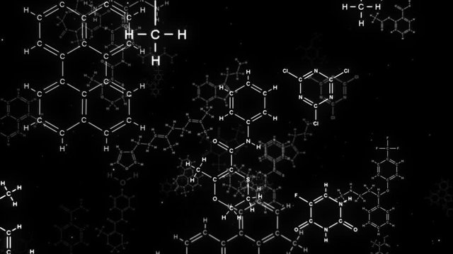 Camera flights into chemical formulas on a black background