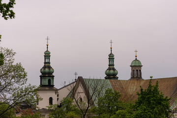 Krakow. Historic centre. Spires of cathedrals and churches with crosses.