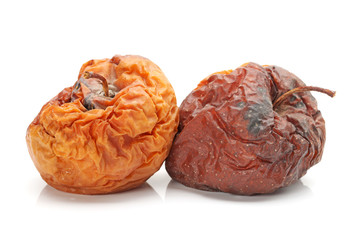 Badly rotten apple on a white background.