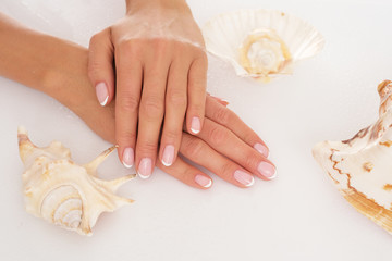 Obraz na płótnie Canvas Beautiful female hands on studio shooting isolated on white background and surrounded by seashell.