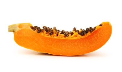 Slices of ripe papaya on white background. Health, vegetarian.