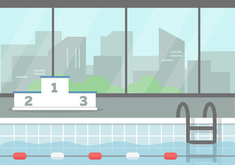 Swimming pool with big window and city view. Vector illustration.