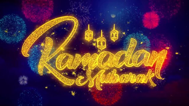 Ramadan Mubarak wish Text Colorful Firework Explosion Particles. Greeting card, Wishes, Celebration, Party, Invitation, Gift, Event, Message, Holiday Festival 4K Loop Animation