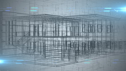 Home Architecture constructing and designing blueprint concept - 3D illustration rendering