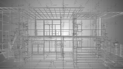 Architecture design house blueprint wireframe abstract - 3D illustration rendering