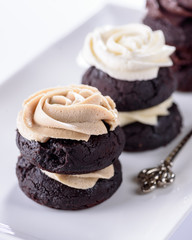 Chocolate cupcakes with various flavours of whipped cream