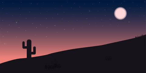 Desert night colorful. Cactus in desert at night and star.
