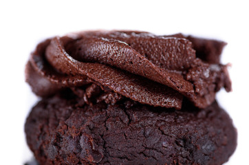 Chocolate cupcakes with various flavours of whipped cream