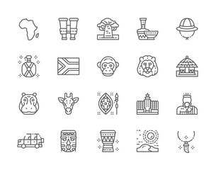 Set of Africa Line Icons. Tooth Pendant, Binoculars, Pottery, Animals and more. © Studicon