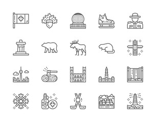 Set of Canadian Culture Line Icons. Sports Equipment, Police, Bear, Elk and more © Studicon