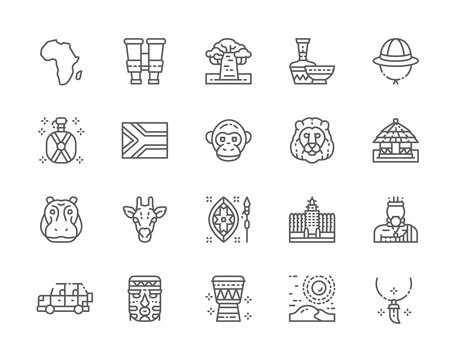 Set of Africa Line Icons. Tooth Pendant, Binoculars, Pottery, Animals and more.