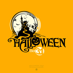 Halloween vector banner. Halloween lettering composition with a ghost house, for poster, card, party invitation.