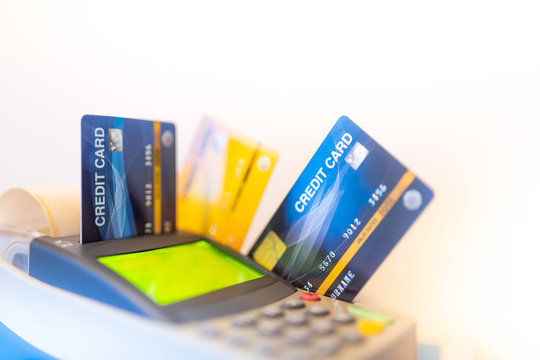 Many credit cards are used in the shop. Shopping and retail concepts.Credit card image format For use Public relations media.soft focus.