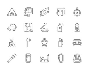 Set of Camping Line Icons. BBQ, Canoe, Trailer, Jackknife, Gas Lamp and more.