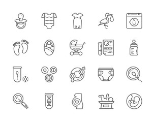 Set of Pregnancy Line Icons. Baby Bottle, Kids Bodysuit, Newborn, Dna and more.