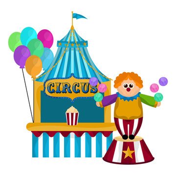Clown with balls and a circus tent - Vector illustration