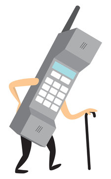 Obsolete old cell phone walking with cane